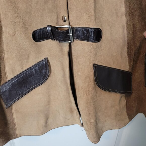 Authentic 60s 70s Vtg Two-Tone Suede Leather Belted Poncho Bolero Jacket - Picture 5 of 8